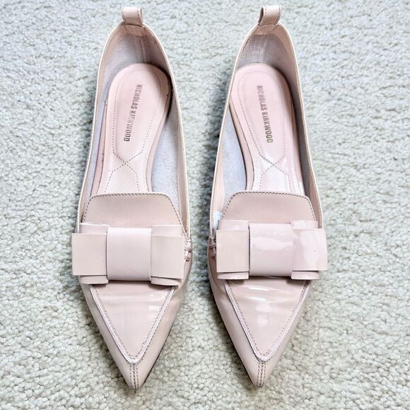 Nicholas Kirkwood Bow Accent Patent Leather Beya Flats Blush Size 35 - Picture 1 of 9